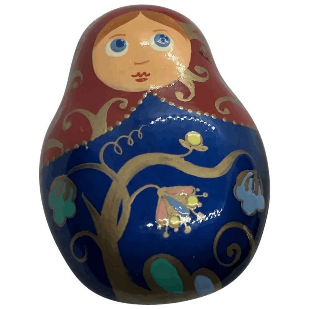 Unique Vintage Russian Painted Wood Brooch - Matryoshka Stacking Nesting Doll
